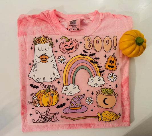 Halloween Collage of Icons Tshirt - Design with Pumpkins Rainbow & Boo Text for Halloween Theme