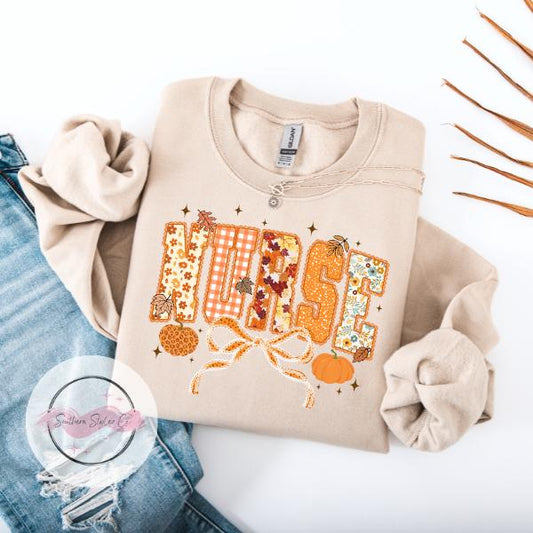 Nurse Fall Theme Crewneck with Pumpkins Beige Sweatshirt Featuring Autumnal Design