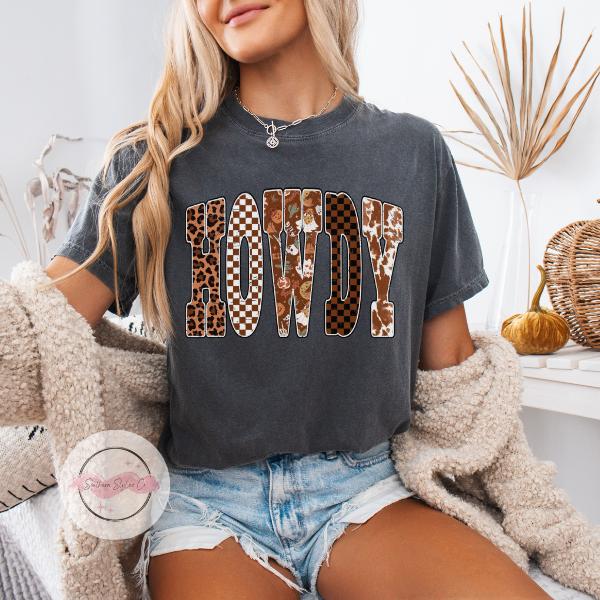 Howdy Halloween Tshirt - Brown Graphic Tee with Leopard and Checkerboard Patterns for Halloween Fun