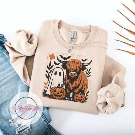 Ghost Cow Crewneck - Beige Sweatshirt with Halloween Design Featuring Ghost, Cow, and Pumpkins