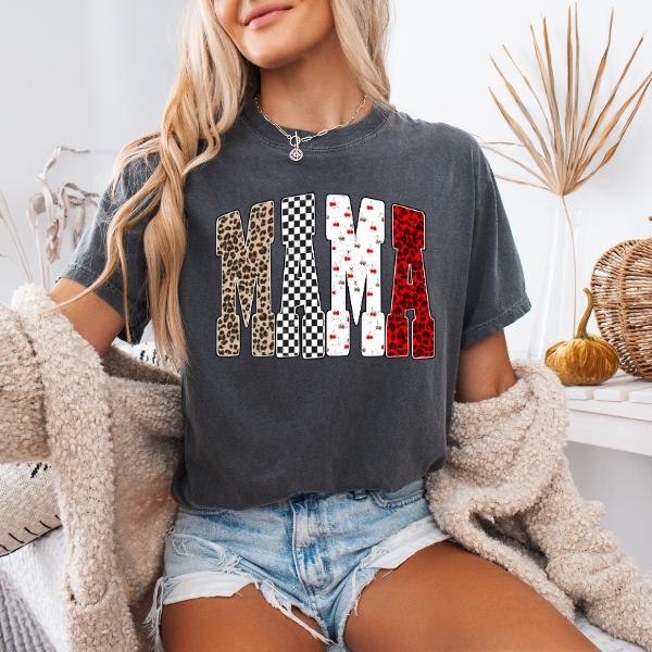 Mama Tee - Brown Top with Unique Leopard and Checkerboard Pattern Design