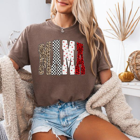 Mama Tee - Brown Top with Unique Leopard and Checkerboard Pattern Design