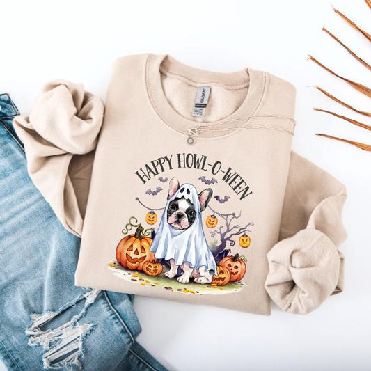 Boston Terrier Happy Howl-o-ween Crewneck Long Sleeve Sweatshirt with Halloween Design and Pumpkin Illustration