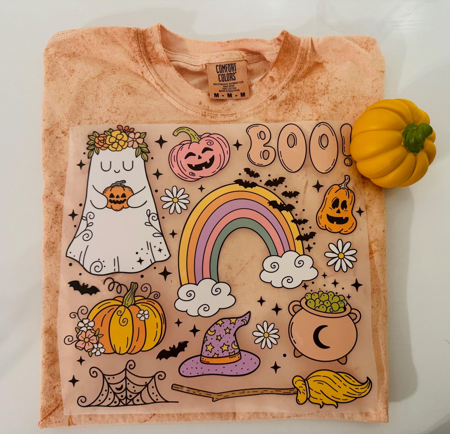 Halloween Collage of Icons Tshirt - Design with Pumpkins Rainbow & Boo Text for Halloween Theme