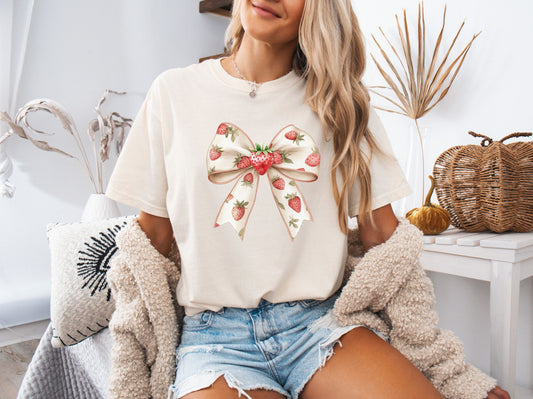 Coquette Strawberry Bow Tee | Comfort Colors