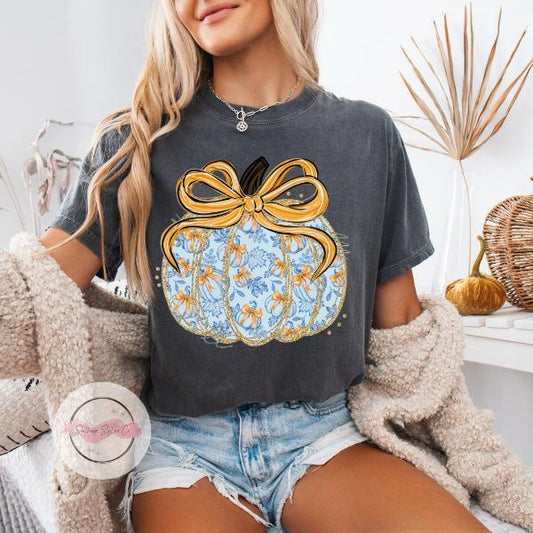 Blue Fall Pumpkin Tshirt with Gold Bow Design for Autumn Fashion