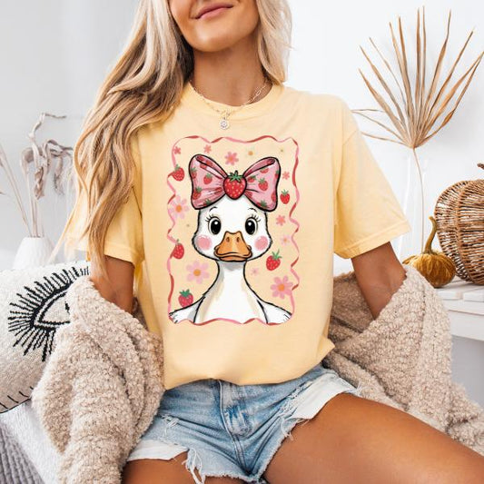 Strawberry Goose with Coquette Bow Yellow T-Shirt Featuring Adorable Design and Cute Goose Illustration