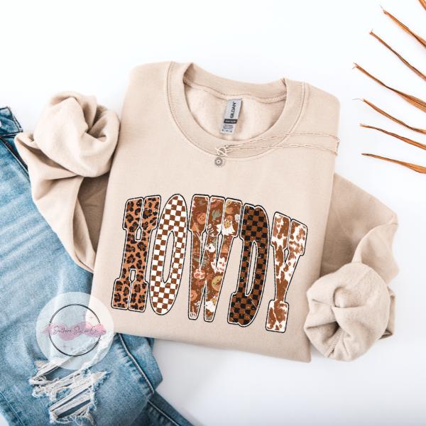 Howdy Halloween Tshirt - Brown Graphic Tee with Leopard and Checkerboard Patterns for Halloween Fun