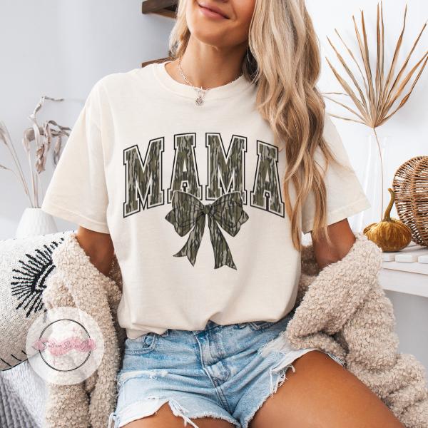 Camo Mama Bow Tshirt - White Graphic Tee with Camouflage Bow Design for Mama Style