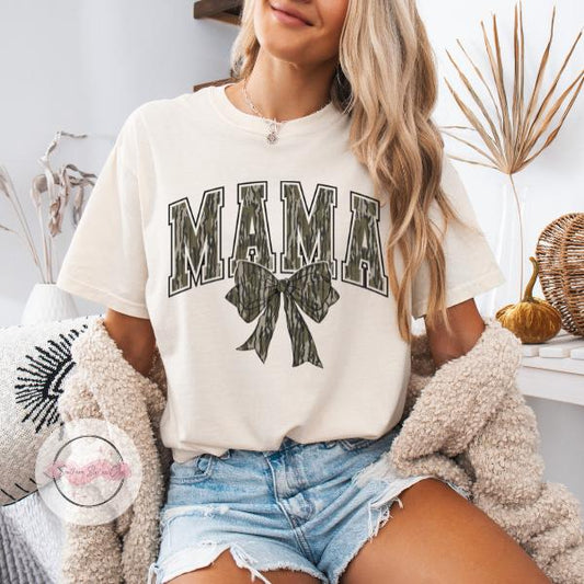 Camo Mama Bow Tshirt - White Graphic Tee with Camouflage Bow Design for Mama Style