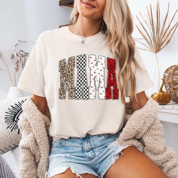 Mama Tee - Brown Top with Unique Leopard and Checkerboard Pattern Design