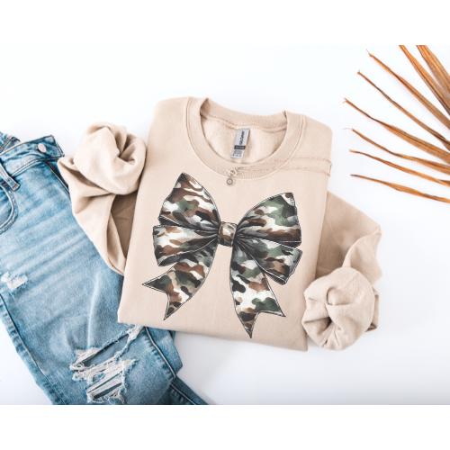 Camo Bow Sweatshirt, Cozy Unisex Crewneck for Casual Style, Perfect Gift for Birthdays, Holidays, and Everyday Wear, Cute Fashion