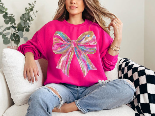 Coquette Paint Bow Sweatshirt, Cute Crewneck Jumper, Colorful Pullover, Bow Design Top, Casual Sweatshirt, Trendy Printed Sweater