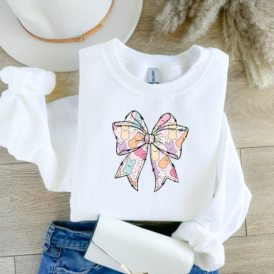 Easter Peeps Bow Sweatshirt, Spring Bunny Jumper, Pastel Rabbit Pullover, Religious Holiday Sweater, Cute Marshmallow Chick Top