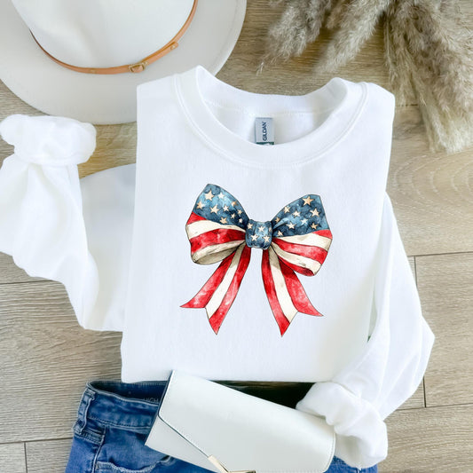 Patriotic Bow Sweatshirt, Unisex Crewneck, USA Flag Design, Perfect for 4th of July, Casual Wear, Gift for Her, Holiday Sweater