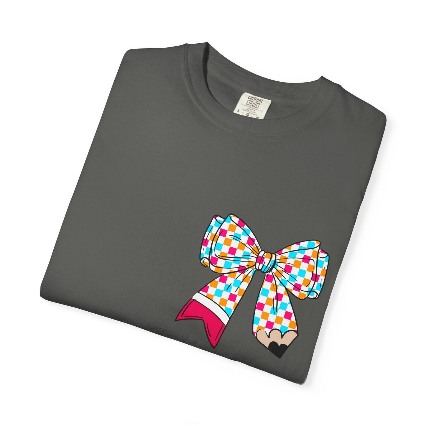 Colorful Teacher Appreciation T-Shirt, Unisex Garment-Dyed Tee, End of Year Gift, Teacher's Day, Fun Classroom Wear, WE OUT Bow Design