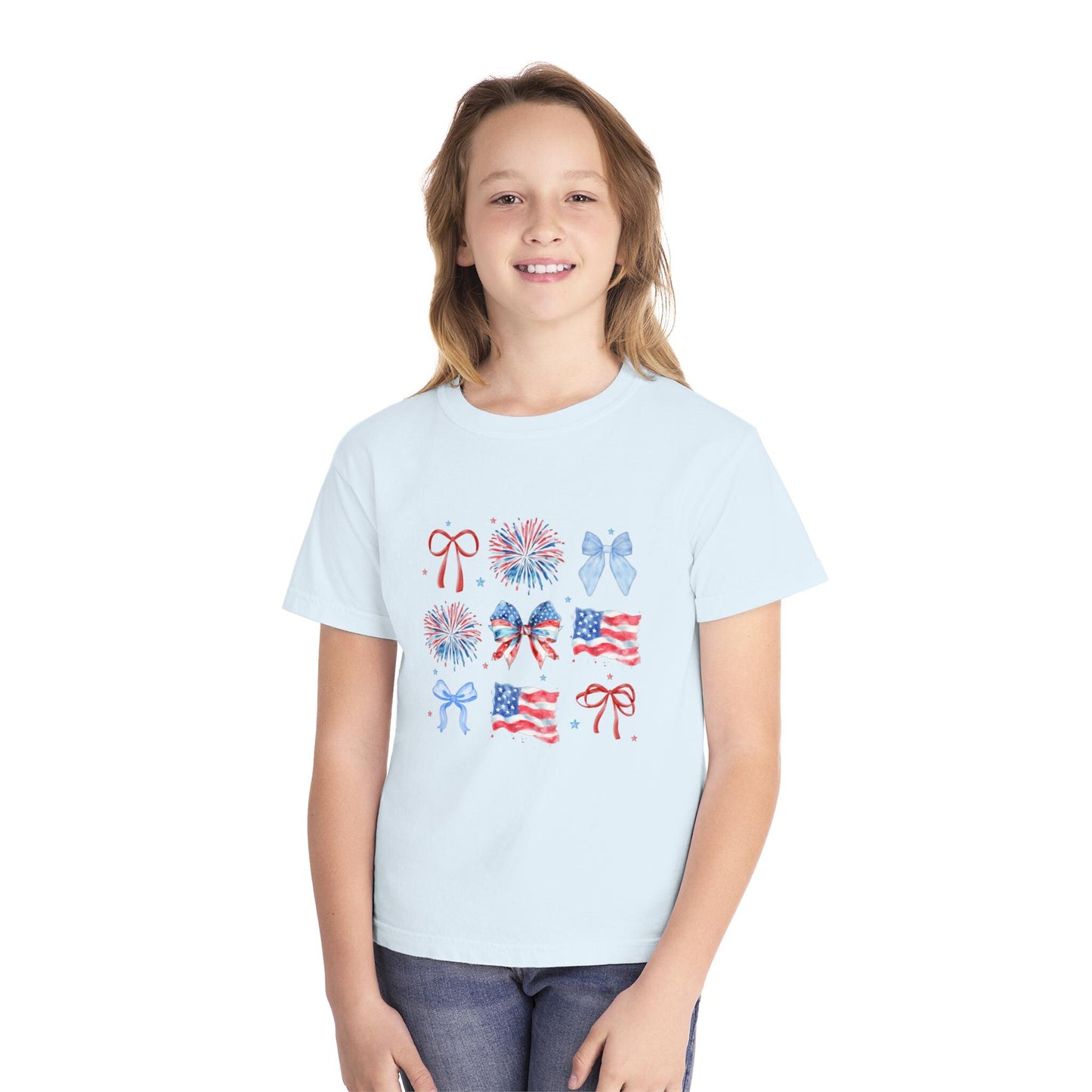 Patriotic Youth Tee with Bows and Fireworks, July 4th Shirt, Summer Style, Kids Independence Day Tee, Celebration Wear