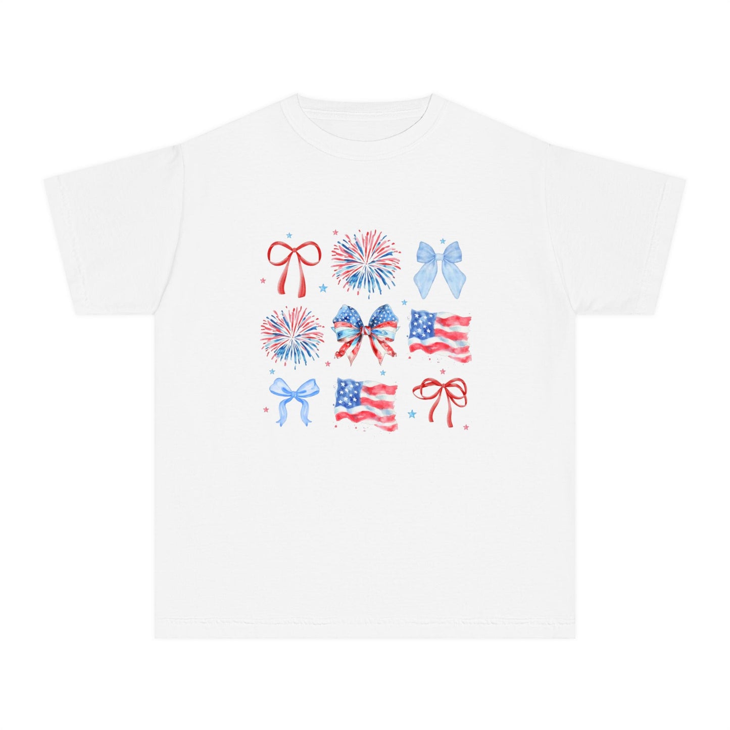 Patriotic Youth Tee with Bows and Fireworks, July 4th Shirt, Summer Style, Kids Independence Day Tee, Celebration Wear