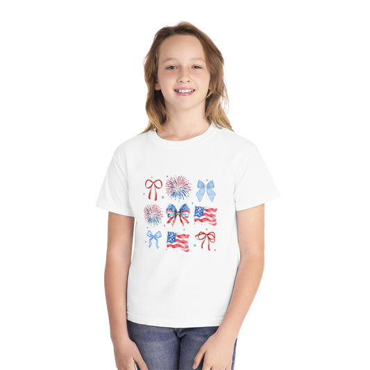 Patriotic Youth Tee with Bows and Fireworks, July 4th Shirt, Summer Style, Kids Independence Day Tee, Celebration Wear