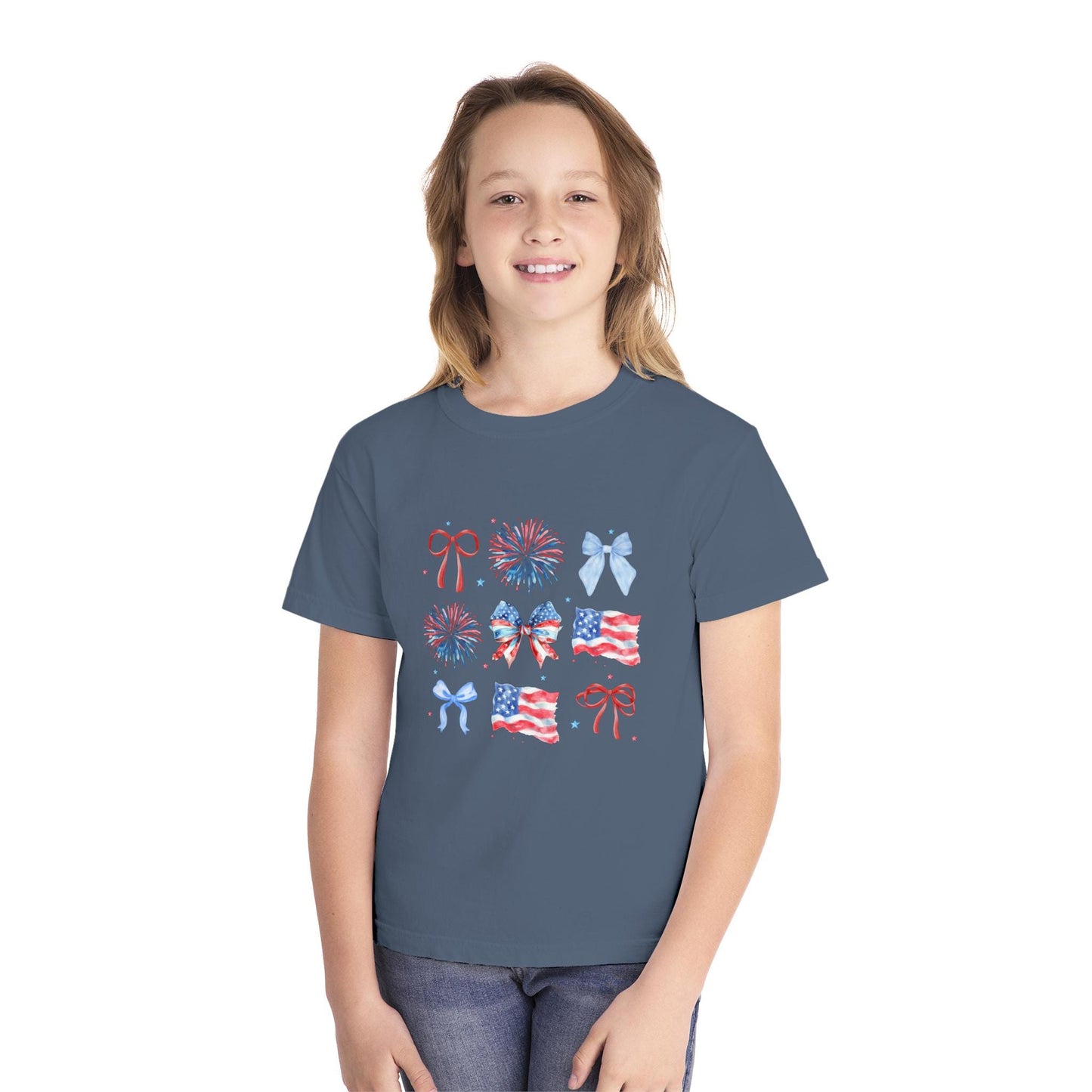 Patriotic Youth Tee with Bows and Fireworks, July 4th Shirt, Summer Style, Kids Independence Day Tee, Celebration Wear