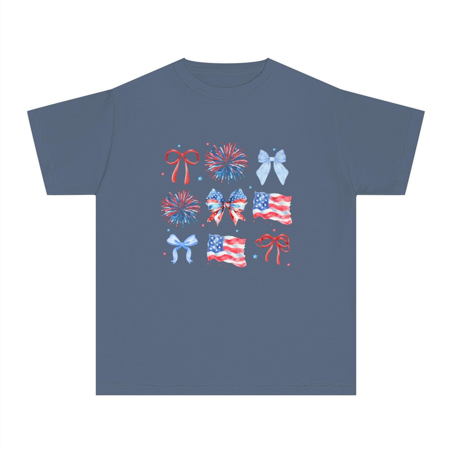 Patriotic Youth Tee with Bows and Fireworks, July 4th Shirt, Summer Style, Kids Independence Day Tee, Celebration Wear