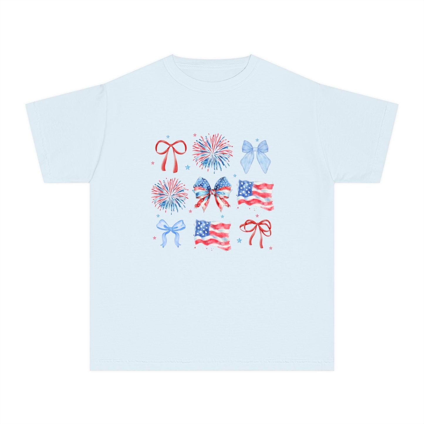 Patriotic Youth Tee with Bows and Fireworks, July 4th Shirt, Summer Style, Kids Independence Day Tee, Celebration Wear